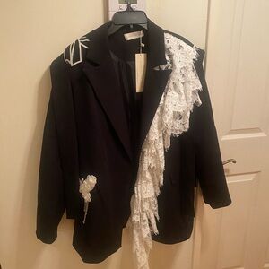 Black Blazer with White Lace Trim - Designer Style by DONNEE PAR DIEU